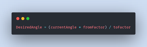 \mathrm {desiredAngle} (a) = \frac {|a \cdot fromFactor|}{toFactor}